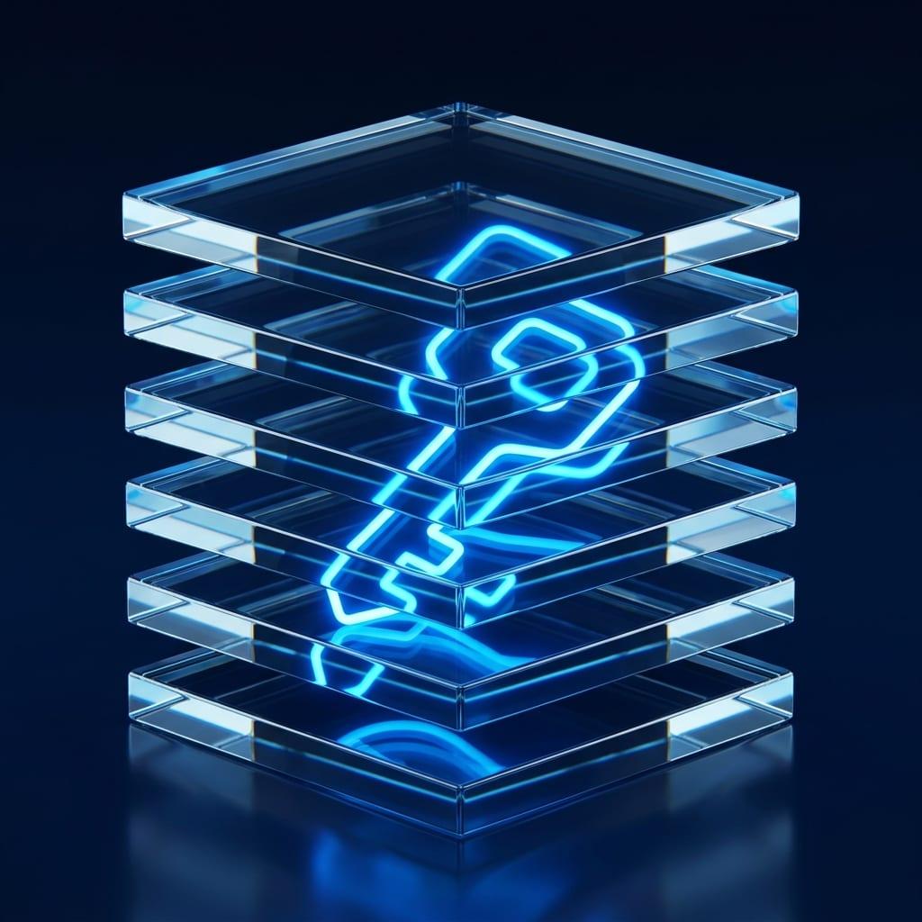 Stacked translucent layers with a single lit path passing through them.